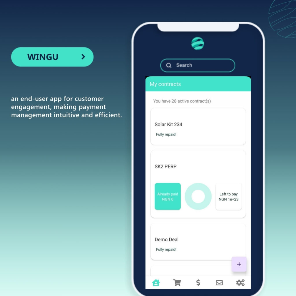 UI of Upya´s end-user app (Wingu), which streamlines customer onboarding and automates payment management.