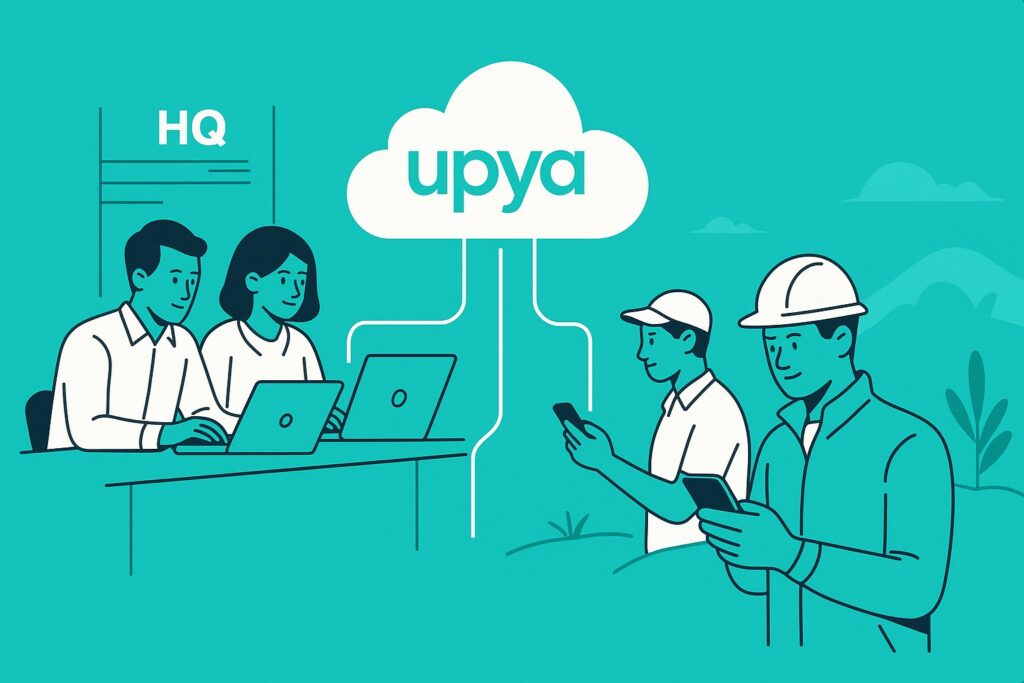 Illustration showing managers and field agents connected through Upya’s distributed operations management platform.